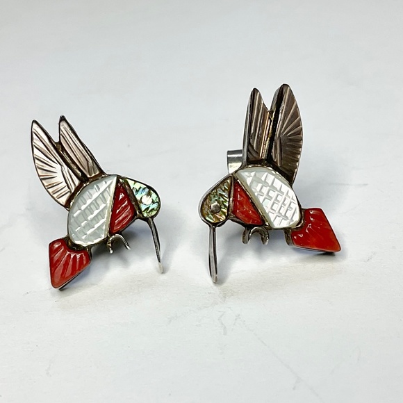 Vintage Sterling Silver Native American Made Hummingbird Earrings Stone Abalone - Picture 1 of 8